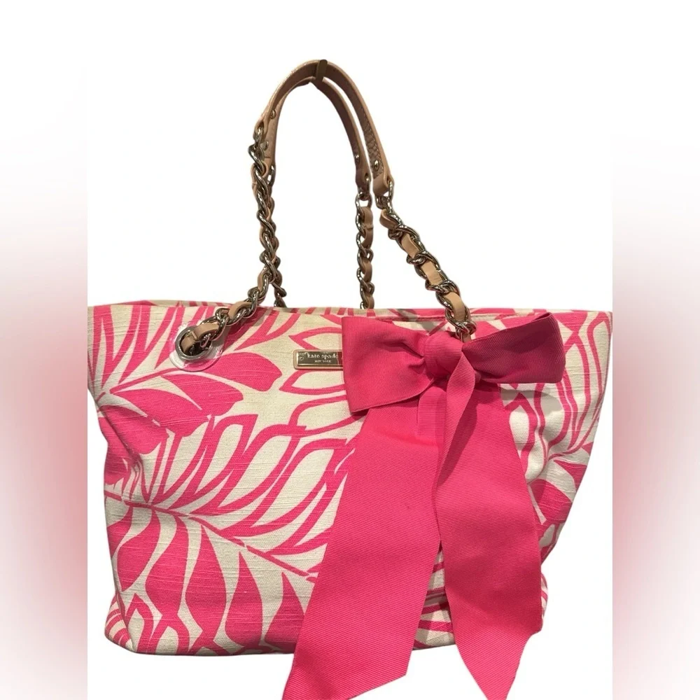 Kate Spade Vibrant Pink Cream Leaf Tote canvas storybook collectible bag purse